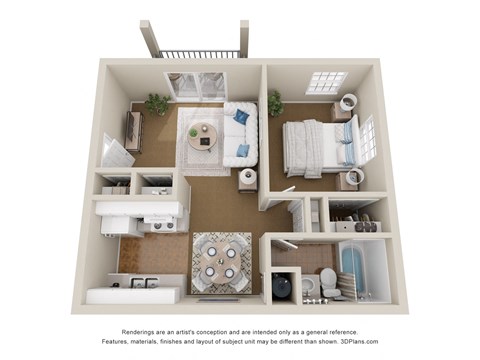 a stylized view of a 1 bedroom floor plan with a bathroom and living room